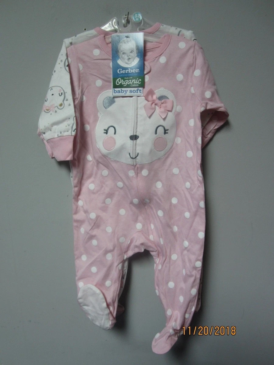 Gerber Baby Girl 2 Piece Pink Bear Organic Cotton Sleep N Plays Size 3 6M