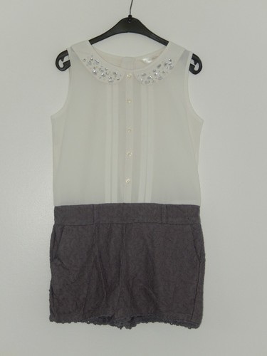 Playsuit, Grey Heavy Lace Shorts, White Beaded Collar Top, 9 years Made with Lov