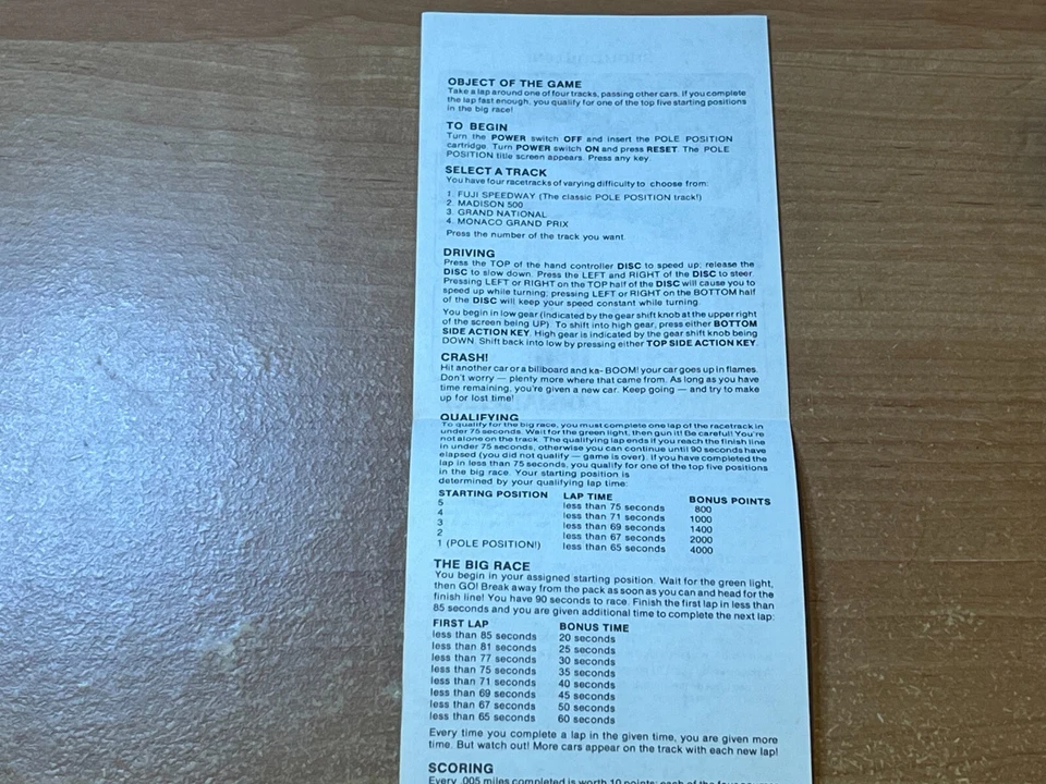 Intellivision BRAND NEW Manual : Pole Position - Image 2 of 3