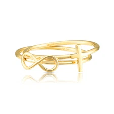 Set of 2! 14K Real Solid Yellow Gold Dainty Cross Infinity Minimalist Band Rings