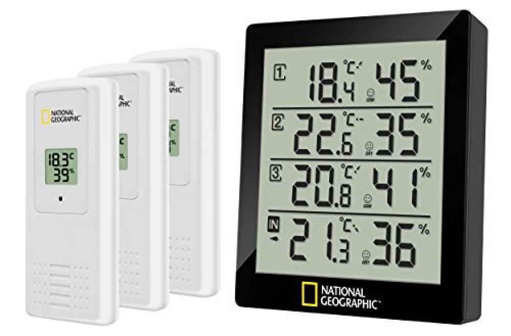 National Geographic 4-fach Thermo-/Hygrometer Stazione Meteo, Nero - NUOVO
