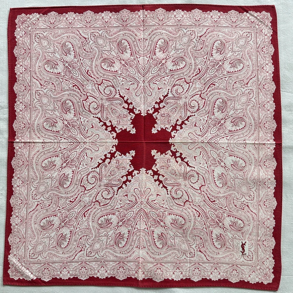 Pañuelo vintage beige damasco antiguo rojo oscuro algodón cuadrado de bolsillo Foto 2 de 3