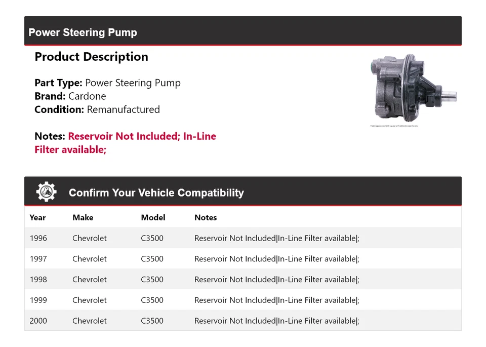 Bomba de dirección asistida Cardone 1997 1998 1999 para Chevrolet C3500 1996-2000 Foto 2 de 4