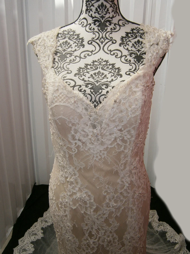 Vestido de novia Jazmín 10 blanco champán encaje cuentas tul ilusión tren enorme Foto 3 de 4