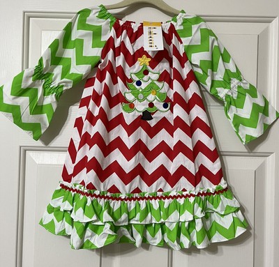 NWT Babeeni size 12M red green white Christmas tree long sleeve dress baby girls