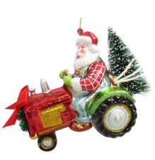 BLOWN GLASS FARMER SANTA CHRISTMAS ORNAMENT TRACTOR TREE FARM NWT