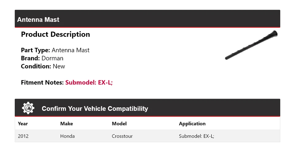 Mástil de antena Dorman para Honda Crosstour EX-L 2012 Foto 2 de 4
