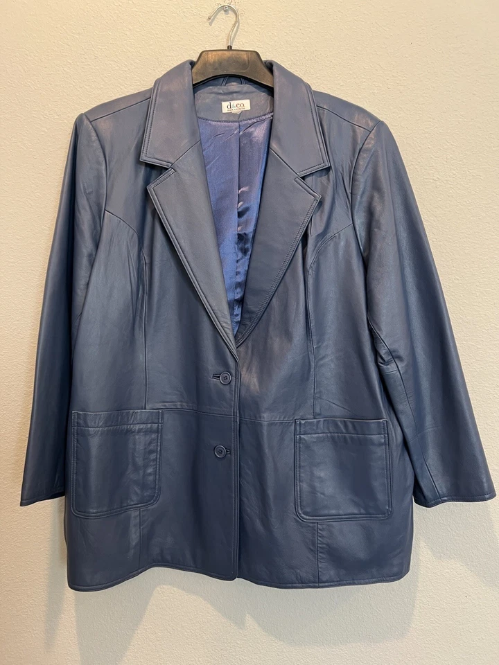 Vintage Denim & Co Blue Leather Coat 2 Button Blazer Jacket Size 3X 90s Y2K - Image 2 of 4