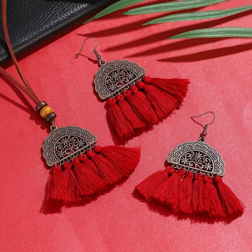 Vintage Fashion Tassel Earrings Necklace Set for Women Ethnic Bohemian Jewelry - Picture 2 of 9