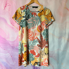 MINKPINK XS Tropical Fruit Print Dress Grapefruit Lemon Orange Artsy Preppy