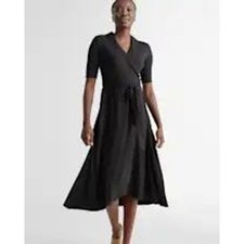 Quince Tencel Jersey Wrap Midi Dress Short Sleeve Business Casual Black Large