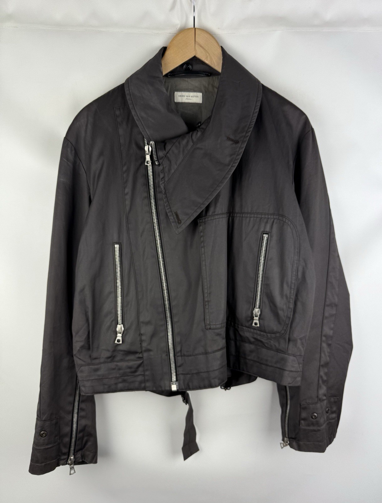 Dries Van Noten Men’s Cropped Belted Assymetrical Collar Biker Jacket Size M