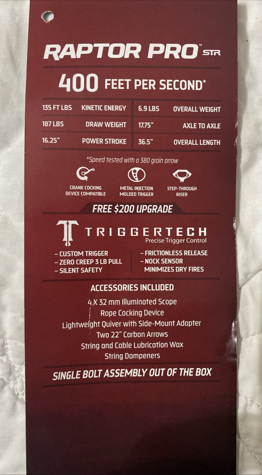 Barnett Raptor Pro STR Crossbow & Scope 400fps Triggertech - Master Pack Upgrade