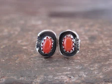Navajo Sterling Silver Handmade Coral Post Earrings - Joe