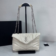 Women's White Quilted Leather Shoulder Bag, Silver Logo Chain Crossbody Handbag
