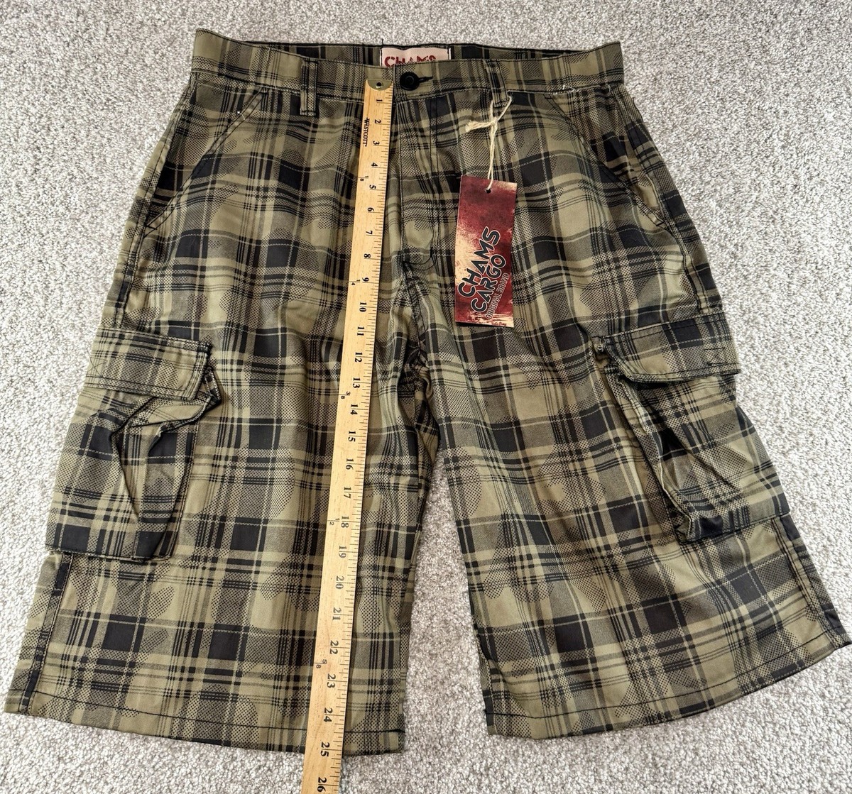 Vintage Chams Cargo Shorts Men's Size 36 Plaid Green NWT Y2K 2000s