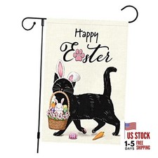 Happy Easter Garden Flag 12x18 Double Sided Burlap, Small Vertical Black Cat