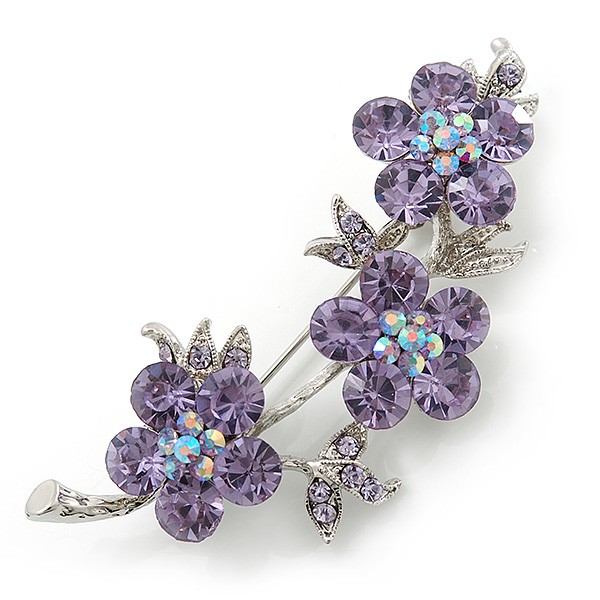 Light Purple Crystal Floral Brooch In Rhodium Plating - 55mm Length