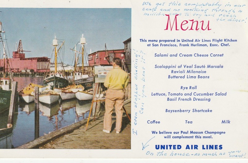United Air Lines      1957 Menu Postcard     Fishing Fleet Gloucester Harbor MA