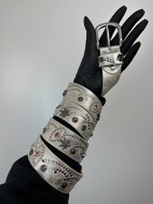 Vintage Studded Leather Belt Western Biker Floral Rhinestone Silver Mens Size L