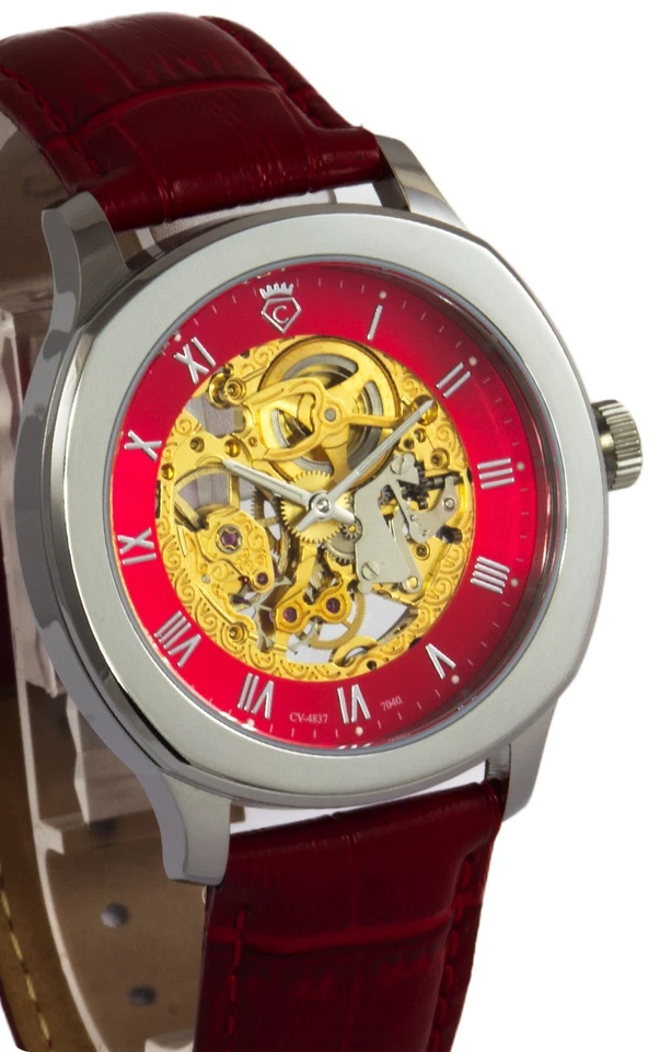 Skelettuhr mit Swiss made ETA-Peseux 7040 Handaufzug Künsterarbeit Rot Cavadini - Bild 4 von 4