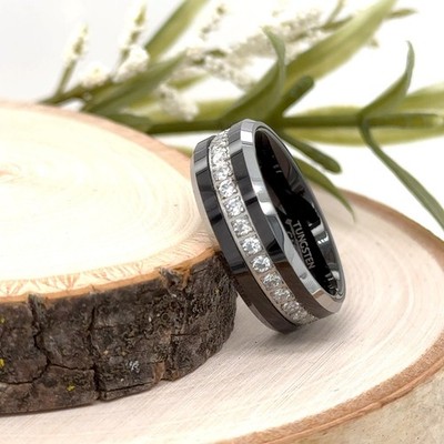8mm Black & Silver Tungsten Ring Polished Channel Set Christmas Band For Women