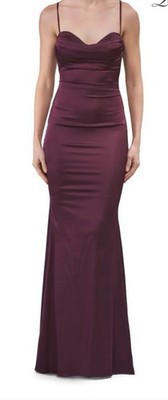 La Femme Long Satin Gown In Dark Berry Size 12 Brand New with Tags Never Worn