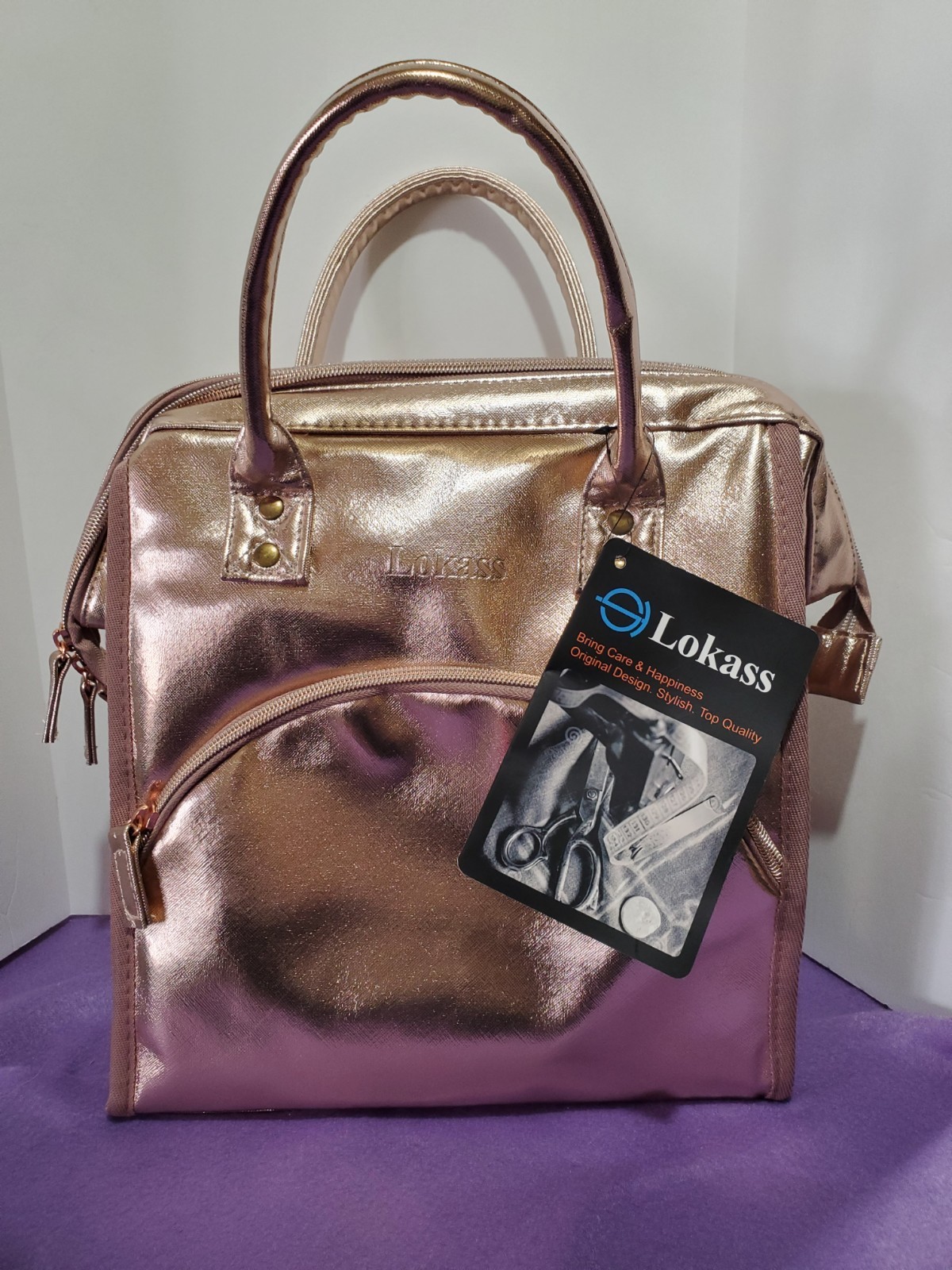 LOKASS Lunch Bag Insulated Lunch Box Wide-Open Tote Bag Large Metallic Copper