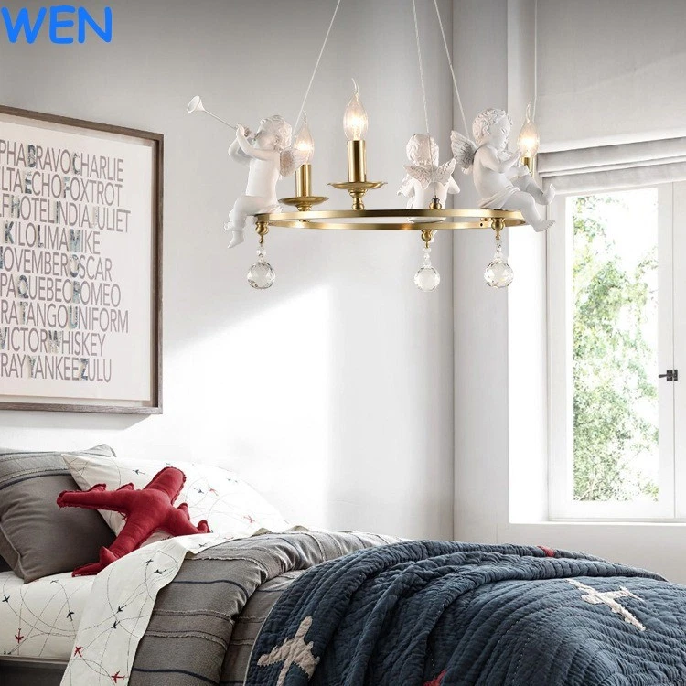 Lámpara de salón nórdica todo cobre, arte ángel creativo lámpara de araña habitación infantil Foto 4 de 4