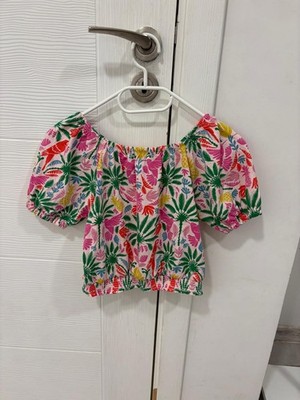 Mini Boden Tropical gesmoktes Cropped-T-Shirt mit Puffärmeln Größe 11-12 Jahre