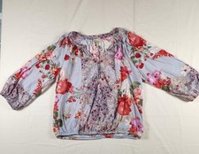 Fig and Flower Blouse Womens Medium Blue Red Floral Peasant Boho Top Rayon