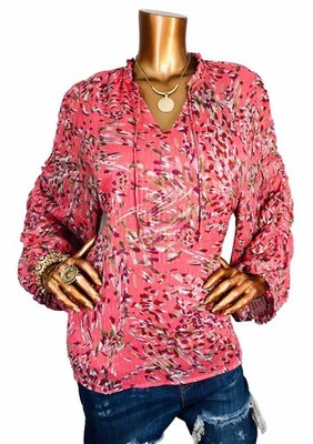 Zac and Rachel 2X Plus Top Floral Boho Lined Blouse Shiny Stripes Ruffled Ties