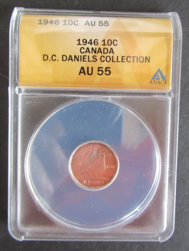 1946 SILVER 10 CENTS ANACS GRADED AU55 CANADIAN DIME