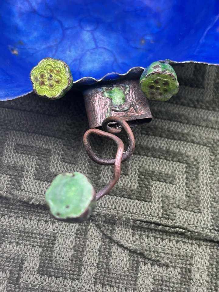 Старинный китайский медный лотос лист синий эмаль щетка горшок чаша лоток - Изображение 4 из 4