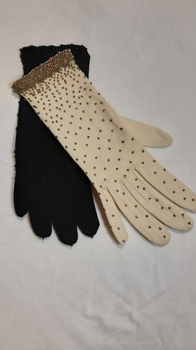 Damen Perlen Perlen 50er Jahre Vintage Handschuhe 2er Set schwarz und cremefarben  - Bild 1 von 6