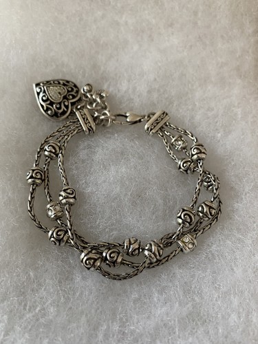Brighton Silver Plated Heart Dangle Charm 3 Strand Link 7-8” Bracelet