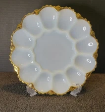 Vtg. Anchor Hocking Fire King Gold Trim Milk Glass Deviled Egg Serving Plate