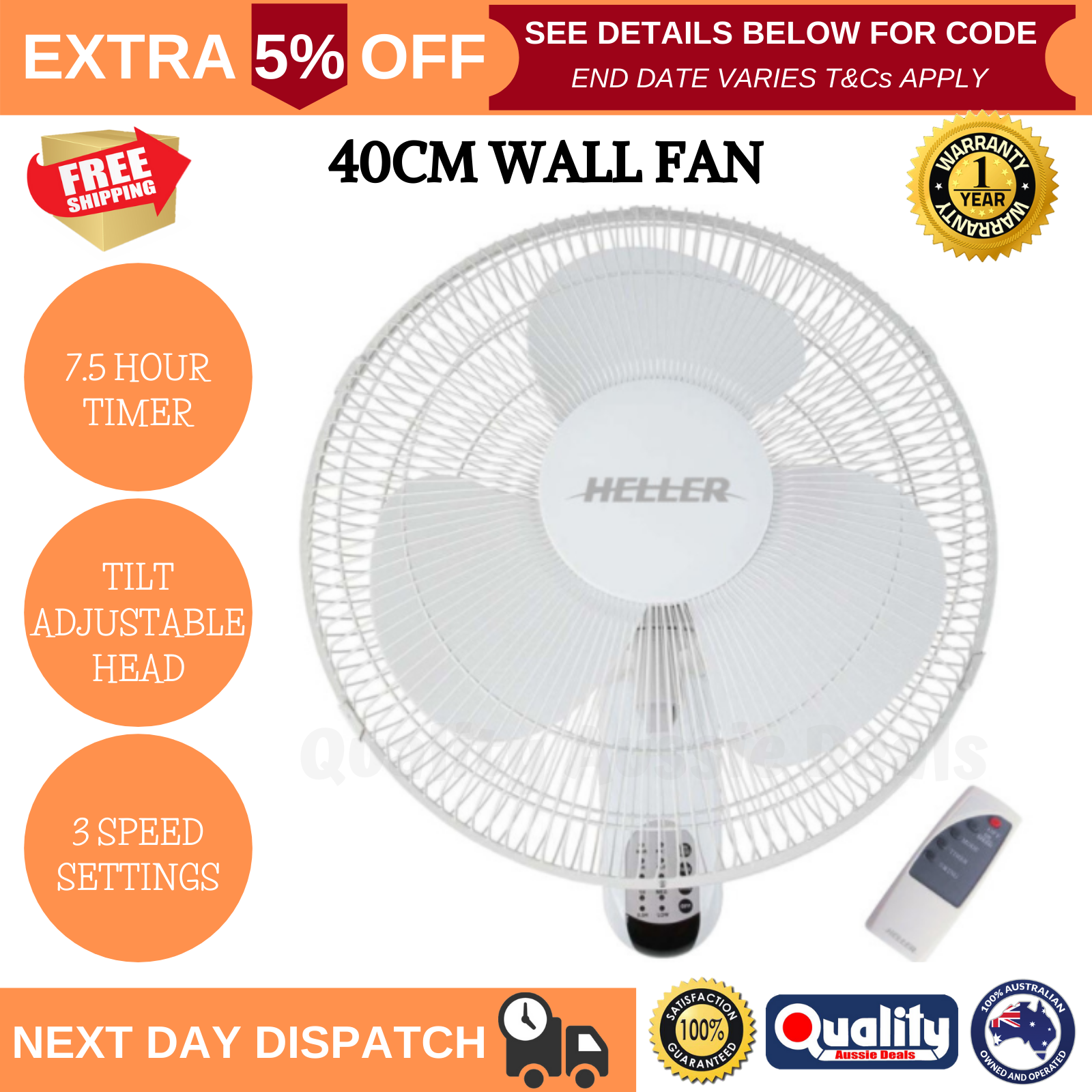 Heller Wall Mount Fan Remote Control Adjustable 3 Speed Tilt