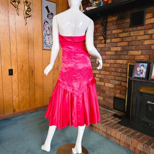 Vtg 80s Prom Queen Drop Waist Mermaid Strapless Satin Jacquard Party Dress S/M - Picture 7 of 10
