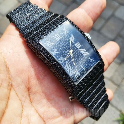 Reloj de pulsera Hip Hop con banda helada completa de lujo negro simulado con diamantes - Imagen 2 de 7