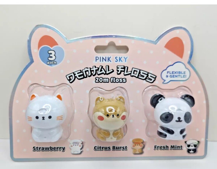 KAWAII Pink Sky Set of (3) Character Flavored Dental Floss Panda Bear