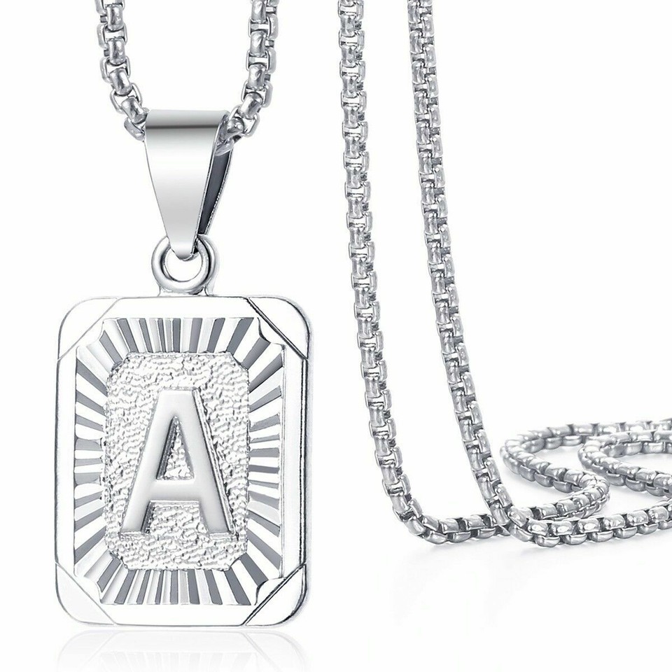 Silver Initial Letter AZ Pendant Necklace 22" Stainless Steel Chain