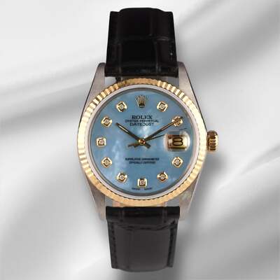 Rolex Datejust 36mm Gelbgold Blau Mop Diamant Zifferblatt Leder Armbanduhr 16013