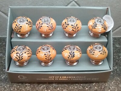 NEW CASA DECOR HOME DESIGN ORANGE CERAMIC DRAWER PULLS KNOBS SET OF 8 HANDMADE