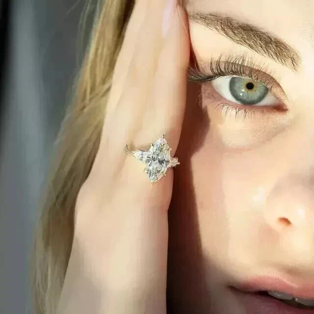 3Ct Marquise Cut Lab Created Diamond 14K Gold Finish Three-Stone Engagement Ring - Image 3 of 4