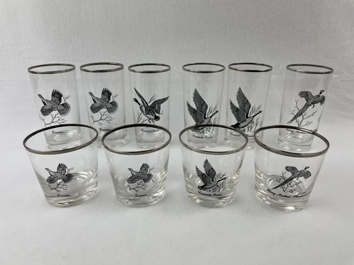 Vintage Sportsman Federal Glass Highball & Rocks Glasses Game Birds Silver Rim