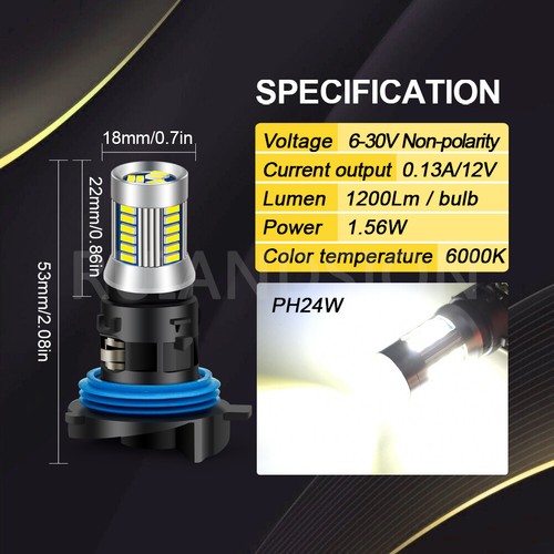 2 ampoules LED PH24W 6-30V pour phares avant et feux de route Blanc 6000K 1200Lm - Picture 8 of 9