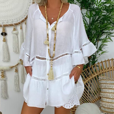 knee length dresses for ladies Linen Maxi Dress with Tie Waist & 3/4 Sleeve, S / White