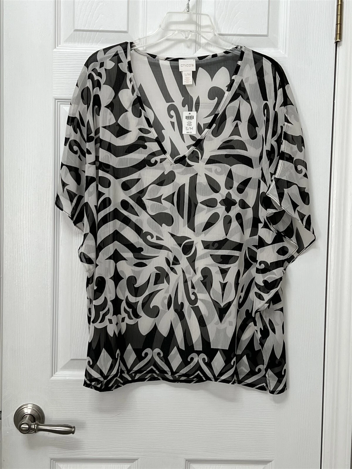 NWT Chico's Size S/M Black White Sheer Tayla Geo Print V Neck SS Poncho $89