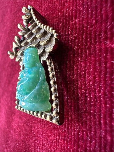 Vintage Hattie Carnegie Faux Jade Green Peking Glass Buddha Brooch Pendent Rare - Picture 7 of 19